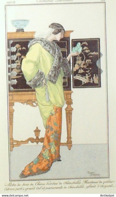 Gravure de mode Costume Parisien 1912 pl.32 BRODERS Roger Robe de soie