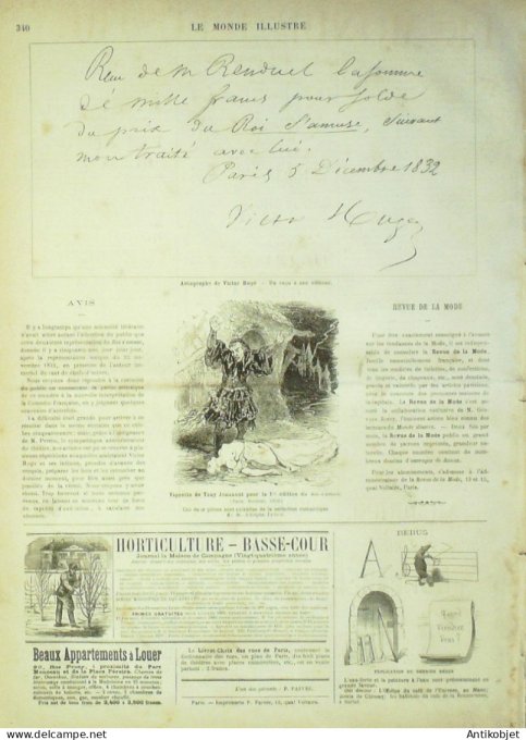 Le Monde illustré 1882 n°1339 Victor Hugo Autographe Le roi s'amuse Tony Jonannot