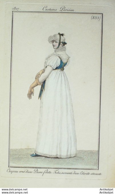 Gravure de mode Costume Parisien 1807 n° 833 Fichu surmonté d'une colerette