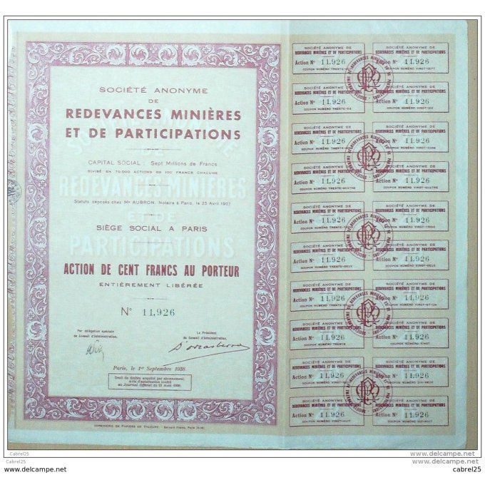 REDEVANCES MINIERES et de PARTICIPATIONS-ACTION-100 FR-1938