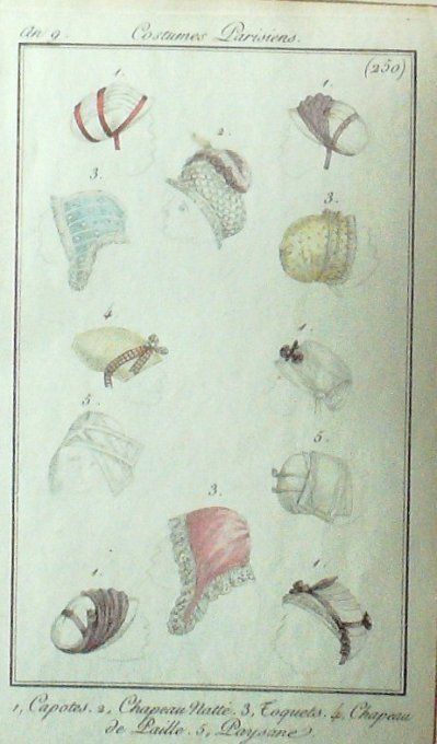 Gravure Mode Costume Parisien 1800 an  9 # 250 (eau forte old Fashion plate
