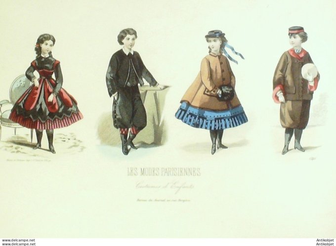 Gravure Les Modes Parisiennes 1865 #1246 Costumes enfants Maison Lassalle