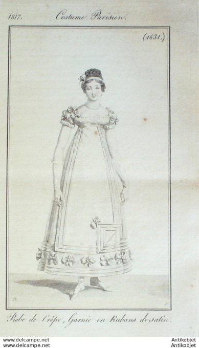 Gravure de mode Costume Parisien 1817 n°1631 Robe crêpe garnie en rubans