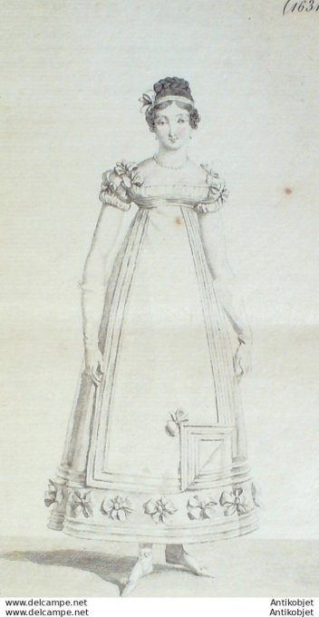 Gravure de mode Costume Parisien 1817 n°1631 Robe crêpe garnie en rubans