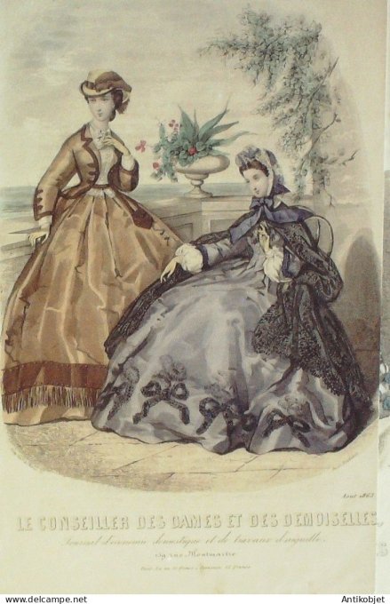 Gravure Mode Conseiller des Dames 1863 #  8 (aquarellee Old Fashion plate)