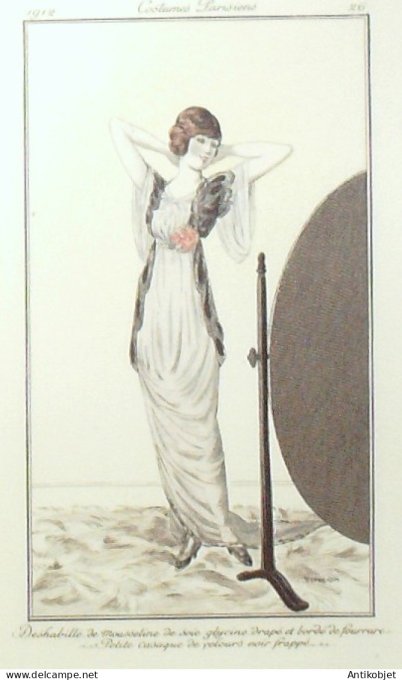 Gravure de mode Costume Parisien 1912 pl.26 SIMEON Deshabillé en mousseline