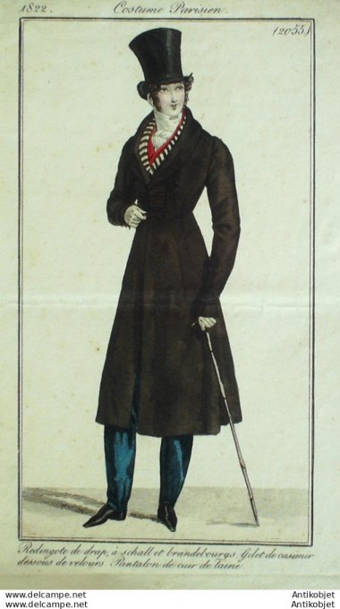 Gravure de mode Costume Parisien 1822 n°2055 Redingote drap homme à shall canne