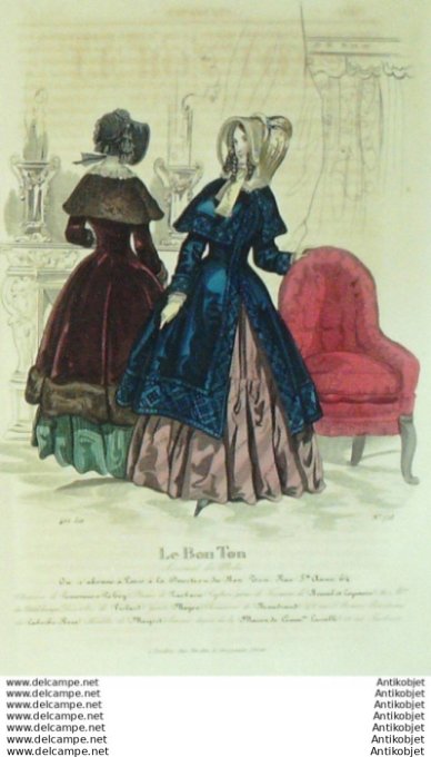Gravure Mode Le Bon Ton 1843 # 728 (aquarelle old fashion plate)