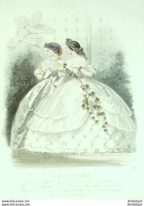 Gravure de mode Les modes parisiennes 1861 n° 933 Robes de Cour (Maison Gagelin)