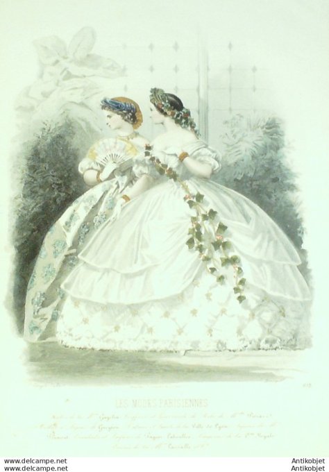 Gravure Les Modes Parisiennes 1861 # 933 Robes de Cour Maison Gagelin