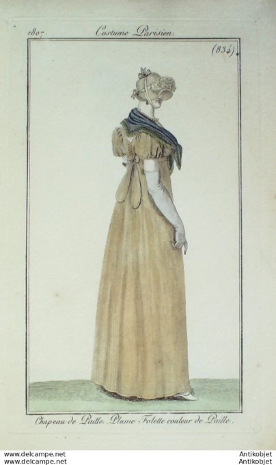Gravure de mode Costume Parisien 1807 n° 834 Plume folette