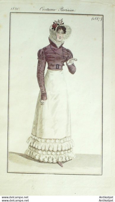 Gravure de mode Costume Parisien 1820 n°1887 Robe perkale velours Spencer