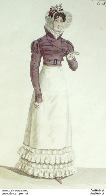 Gravure de mode Costume Parisien 1820 n°1887 Robe perkale velours Spencer