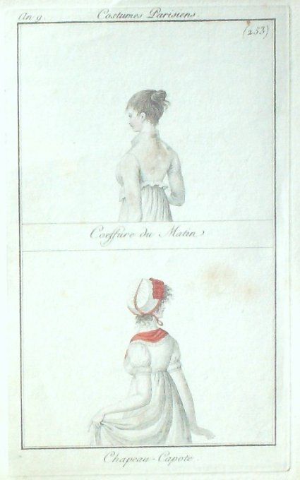 Gravure Mode Costume Parisien 1800 an  9 # 253 (eau forte old Fashion plate