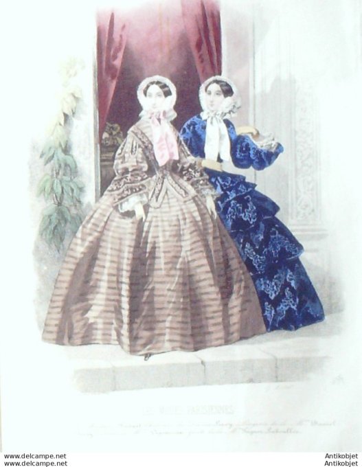 Gravure Les Modes Parisiennes 1851 # 684 Robes en gros de Naples Maison Fauvet