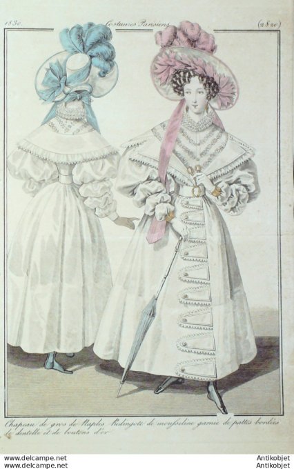 Gravure de mode Costume Parisien 1830 n°2820 Redingote mousseline garnie de pattes