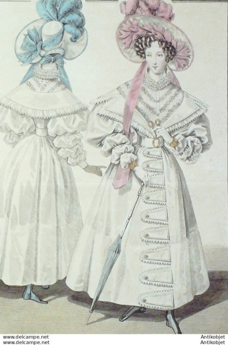 Gravure de mode Costume Parisien 1830 n°2820 Redingote mousseline garnie de pattes