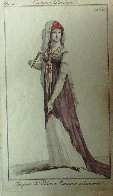 Gravure Mode Costume Parisien 1800 an  9 # 254 (eau forte old Fashion plate