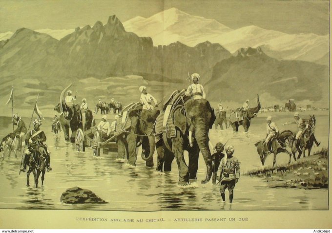 Soleil du Dimanche 1895 n°16 Madagascar Pakistan Chitral artillerie passant au gué