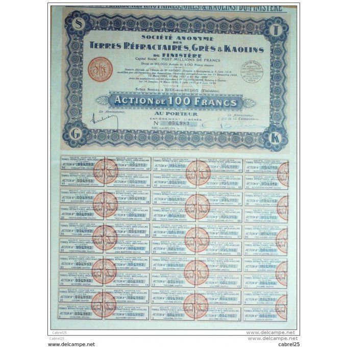 TERRES REFRACTAIRES, GRES et KAOLINS-RIEC/BELON (29)-ACTION-100 FR-1929