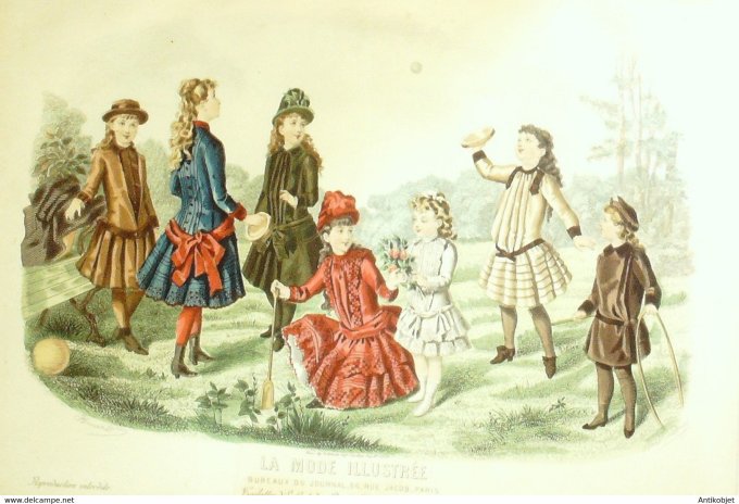 Gravure de mode La Mode illustrée 1885 n°46 (Costumes d'enfants)