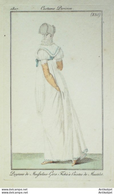 Gravure de mode Costume Parisien 1807 n° 835 Fichu à pointes de mantelet