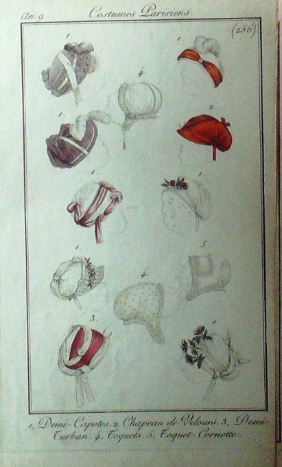 Gravure Mode Costume Parisien 1800 an  9 # 256 (eau forte old Fashion plate