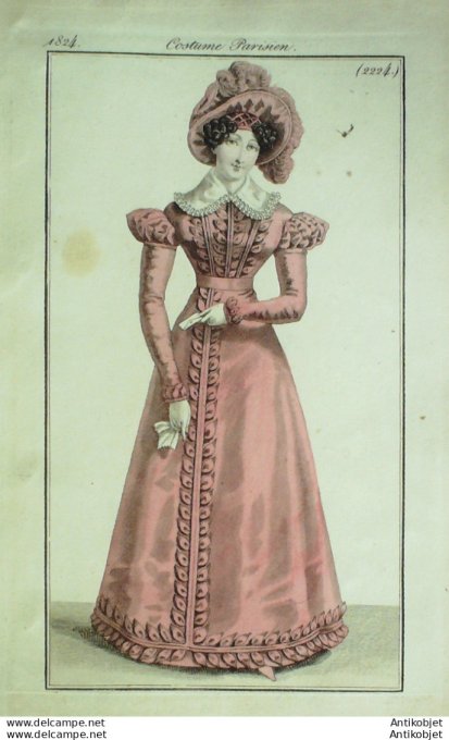 Gravure de mode Costume Parisien 1824 n°2224 Robe gros de Naples et feuilles de satin