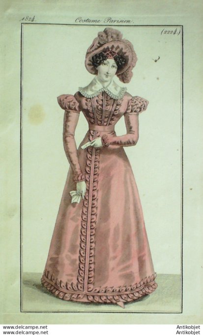 Costume Parisien 1824 # 2224 Robe gros de Naples et feuilles de satin