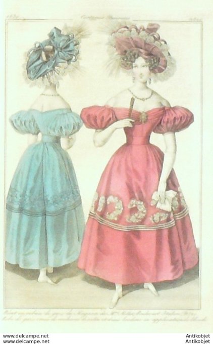 Costume Parisien 1830 # 2821 Robe de gaze garnie ornée de rouleaux