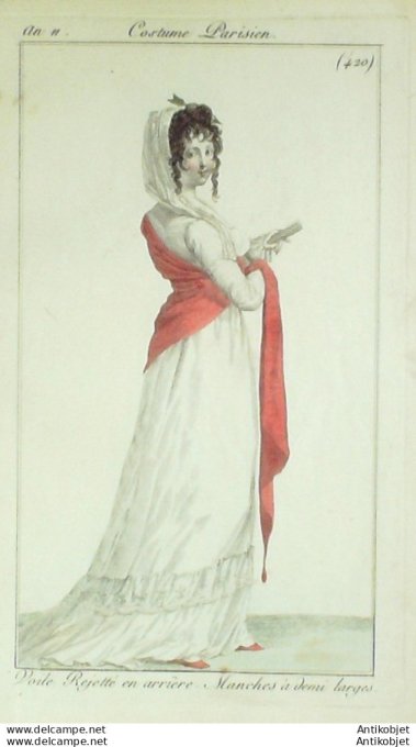 Gravure de mode Costume Parisien 1802 n° 420 (An 11) Voile rejetté