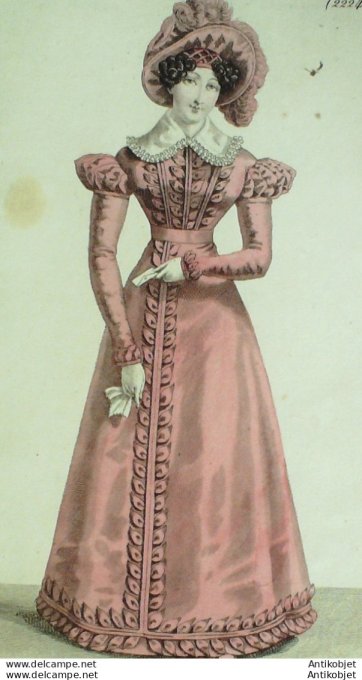 Gravure de mode Costume Parisien 1824 n°2224 Robe gros de Naples et feuilles de satin