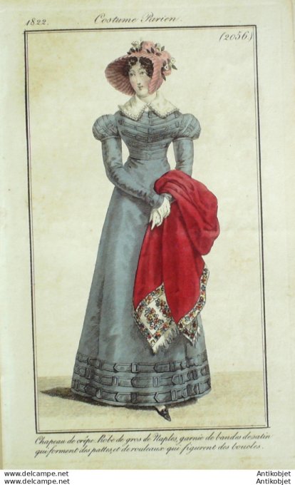 Gravure de mode Costume Parisien 1822 n°2056 Robe de gros de Naples garnie