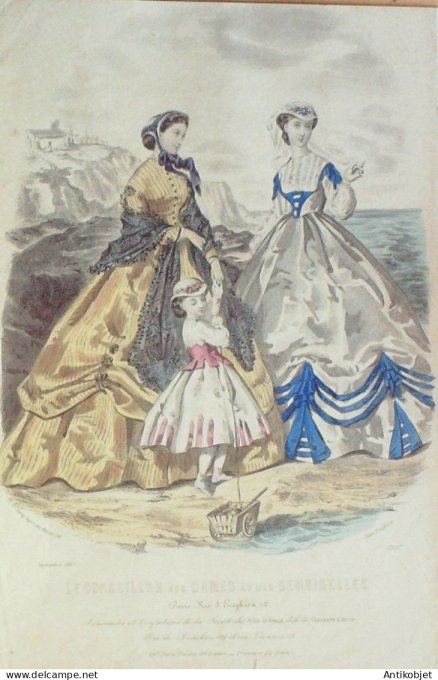 Gravure Mode Conseiller des Dames 1865 #  9 (aquarellee Old Fashion plate)