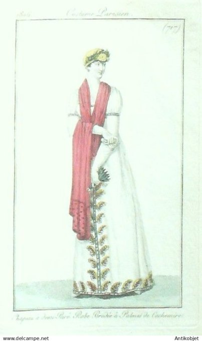 Costume Parisien 1806 # 717 (eau forte) Robe brodée palmes de Cachemire