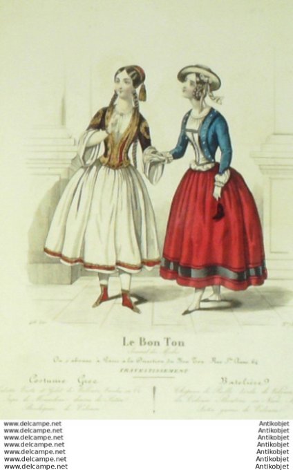 Gravure Mode Le Bon Ton 1843 # 736 (aquarelle old fashion plate)