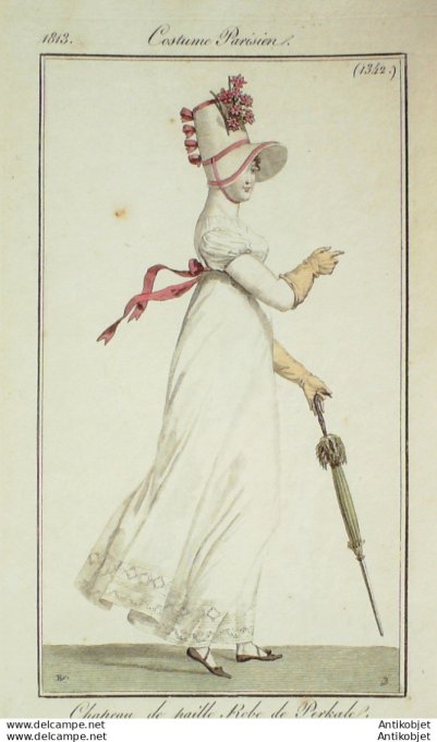Gravure de mode Costume Parisien 1813 n°1342 Robe perkale