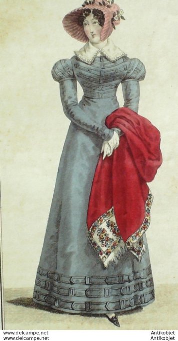 Gravure de mode Costume Parisien 1822 n°2056 Robe de gros de Naples garnie