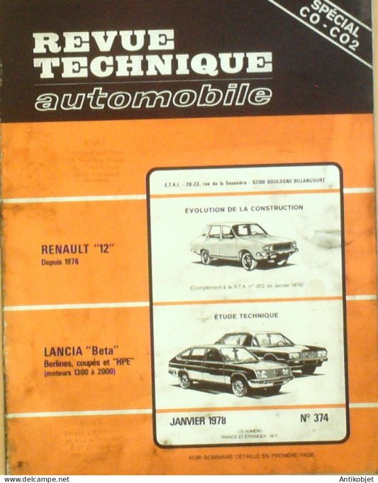 Revue Tech. Automobile 1978 n°374 Renault 12 Lancia Beta