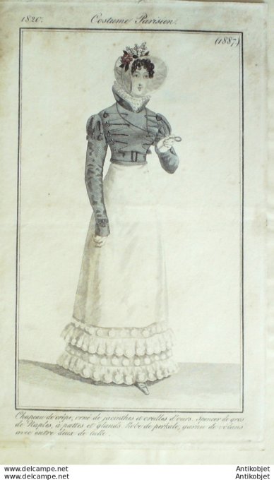 Gravure de mode Costume Parisien 1820 n°1887c Robe perkale velours Spencer