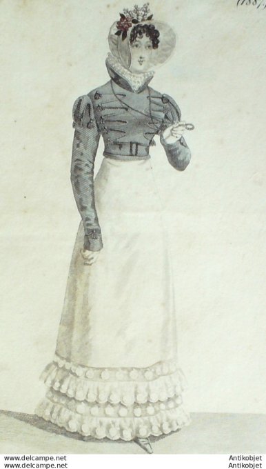 Gravure de mode Costume Parisien 1820 n°1887c Robe perkale velours Spencer