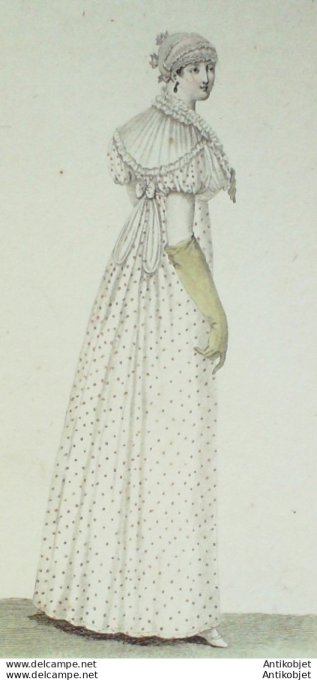 Gravure de mode Costume Parisien 1807 n° 836 Paysanne à barbes de Lévantine