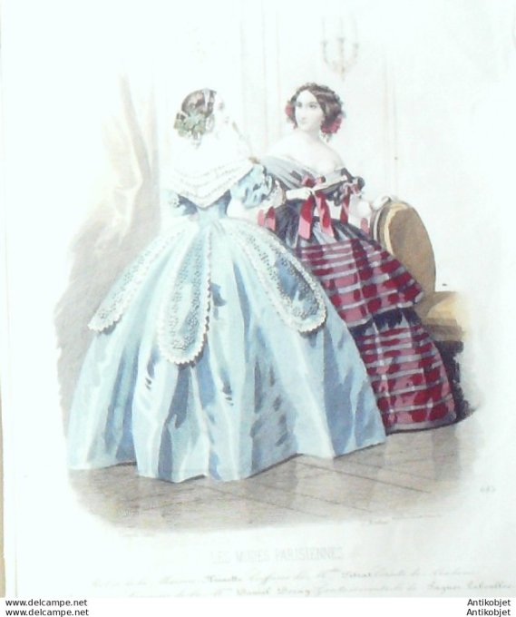 Gravure Les Modes Parisiennes 1851 # 685 Robes en soie Maison Minette