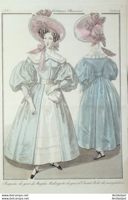 Gravure de mode Costume Parisien 1830 n°2822 Redingote de gros d'Orient