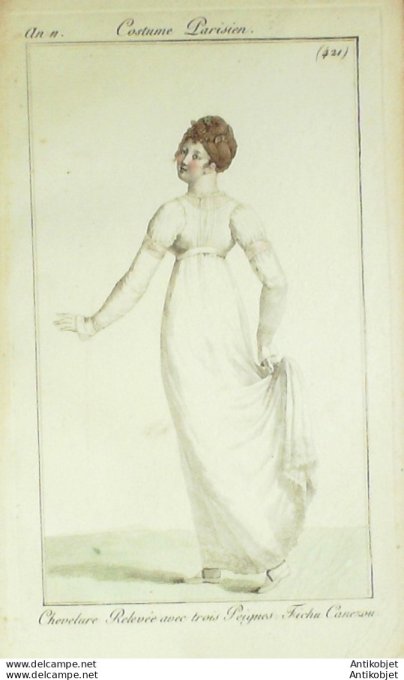 Gravure de mode Costume Parisien 1802 n° 421 (An 11) Fichu canezou
