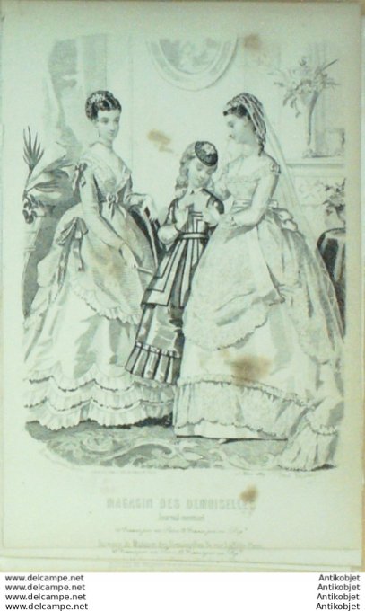 Gravure Mode Magasin Demoiselles 1869 #  3B  (aquarellee Old Fashion plate)