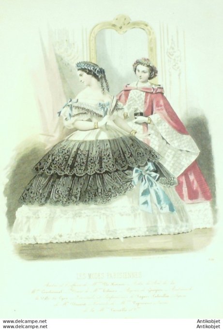 Gravure de mode Les modes parisiennes 1861 n° 936 Robes de bal  (Maison Couchonnal)