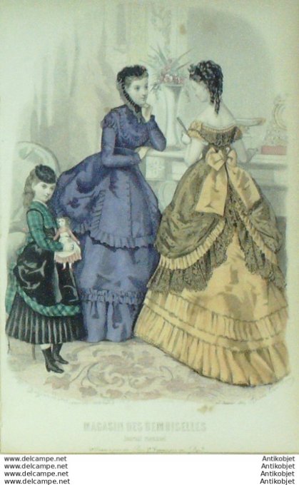 Gravure Mode Magasin Demoiselles 1869 #  1 (aquarellee Old Fashion plate)