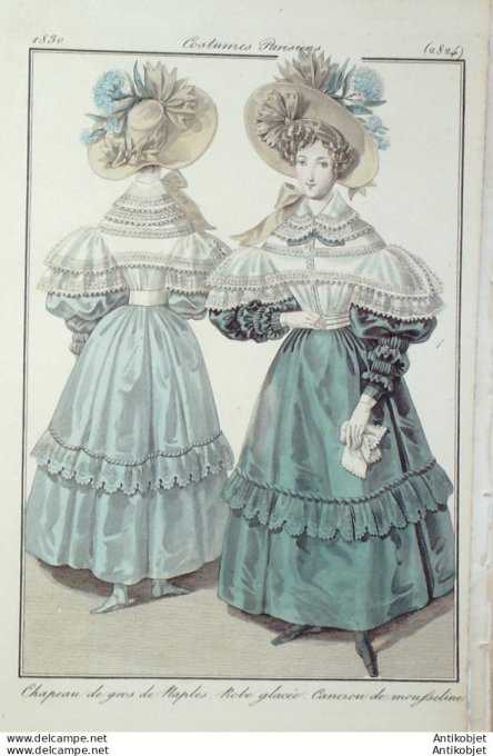 Gravure de mode Costume Parisien 1830 n°2824 Robe glacée canezou de mousseline