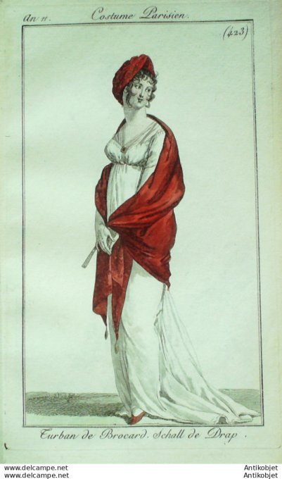 Gravure de mode Costume Parisien 1802 n° 423 (An 11)  Schall de drap